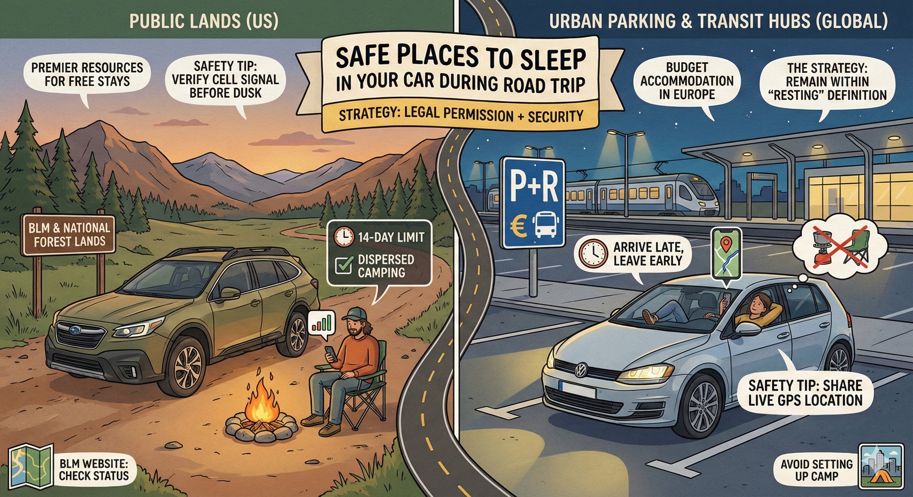 Educational infographic about safe places to sleep in a car during a road trip, comparing US Public Lands legal tips with global urban parking and transit hubs safety guidelines for car campers in 2026.
