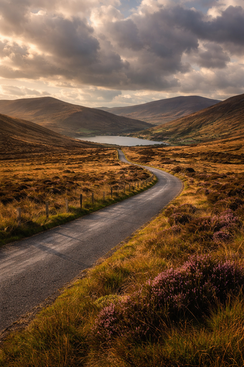 Narrow road passing through the desolate peat bogs and mountain peaks of the Sally Gap