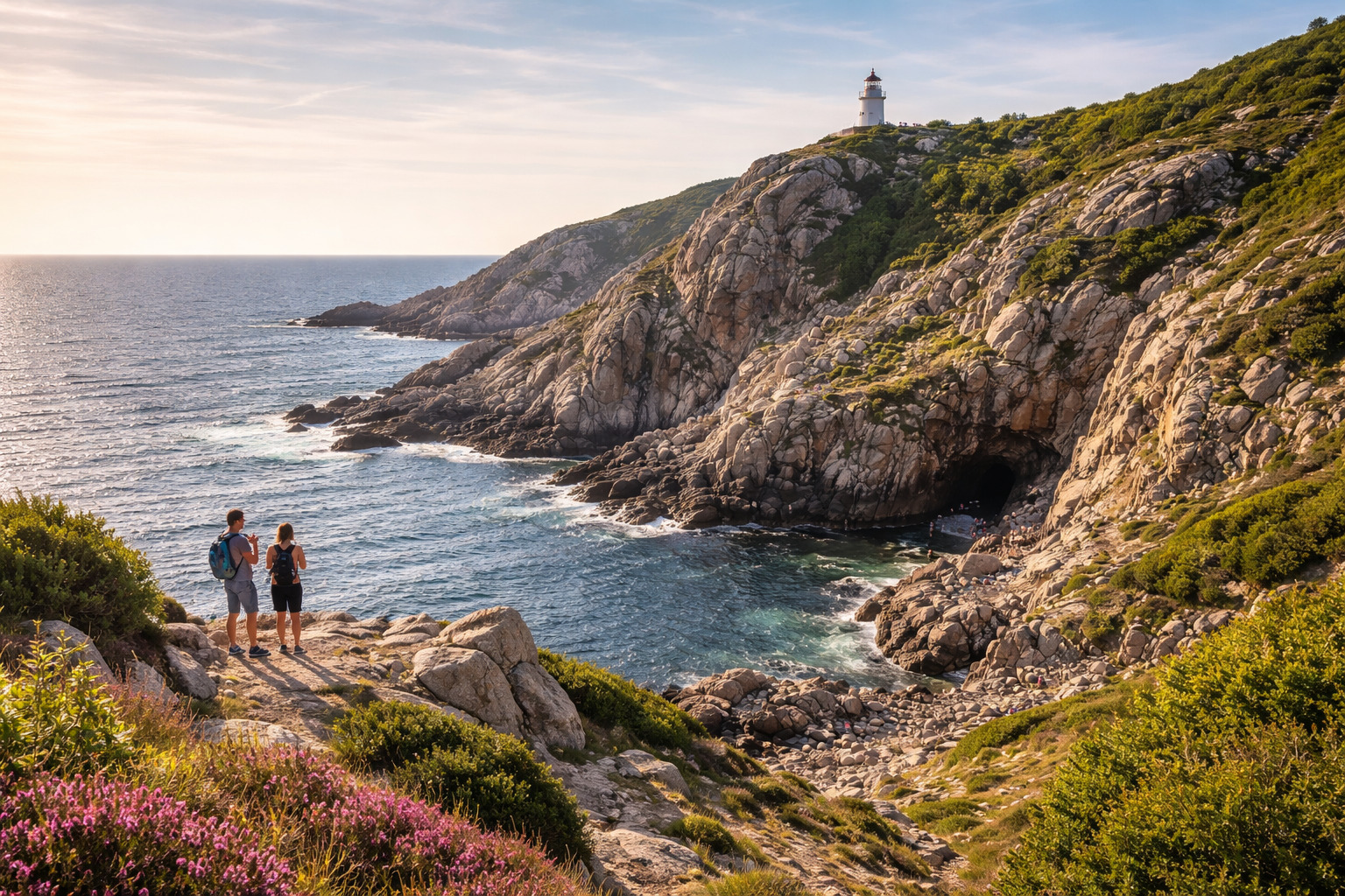 Jagged granite cliffs and the bright white lighthouse at Kullaberg in Skåne