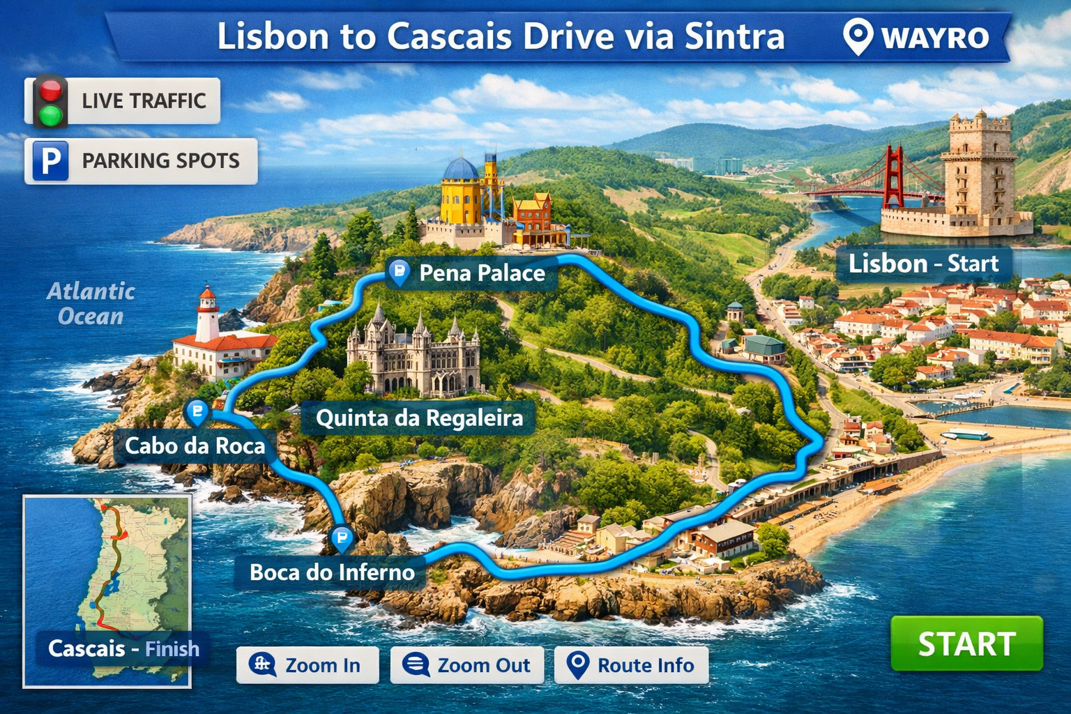 Illustrated route map showing the Lisbon to Sintra to Cabo da Roca to Cascais drive, highlighting key stops, main roads, and suggested parking areas for a smooth 2026 day trip.