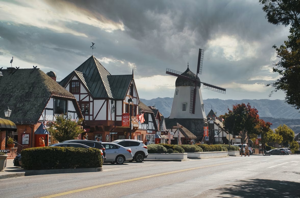 Authentic Danish windmills and half-timbered architecture in the village of Solvang