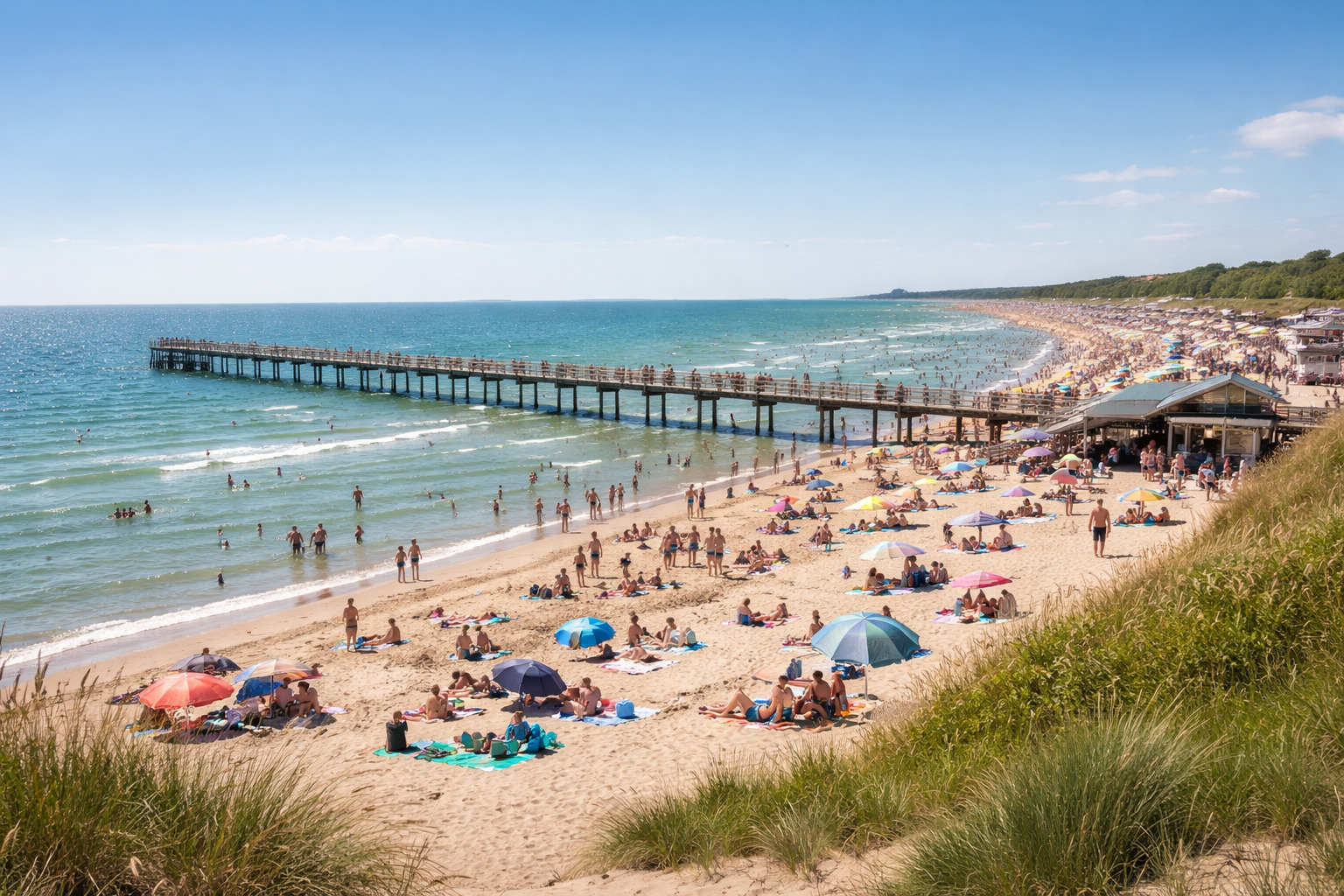 Wide sandy beach and a long wooden pier at Skrea Strand in Falkenberg