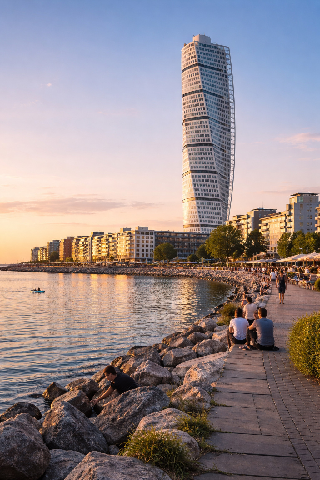 The twisted white tower of the Turning Torso skyscraper in Malmö’s Western Harbor