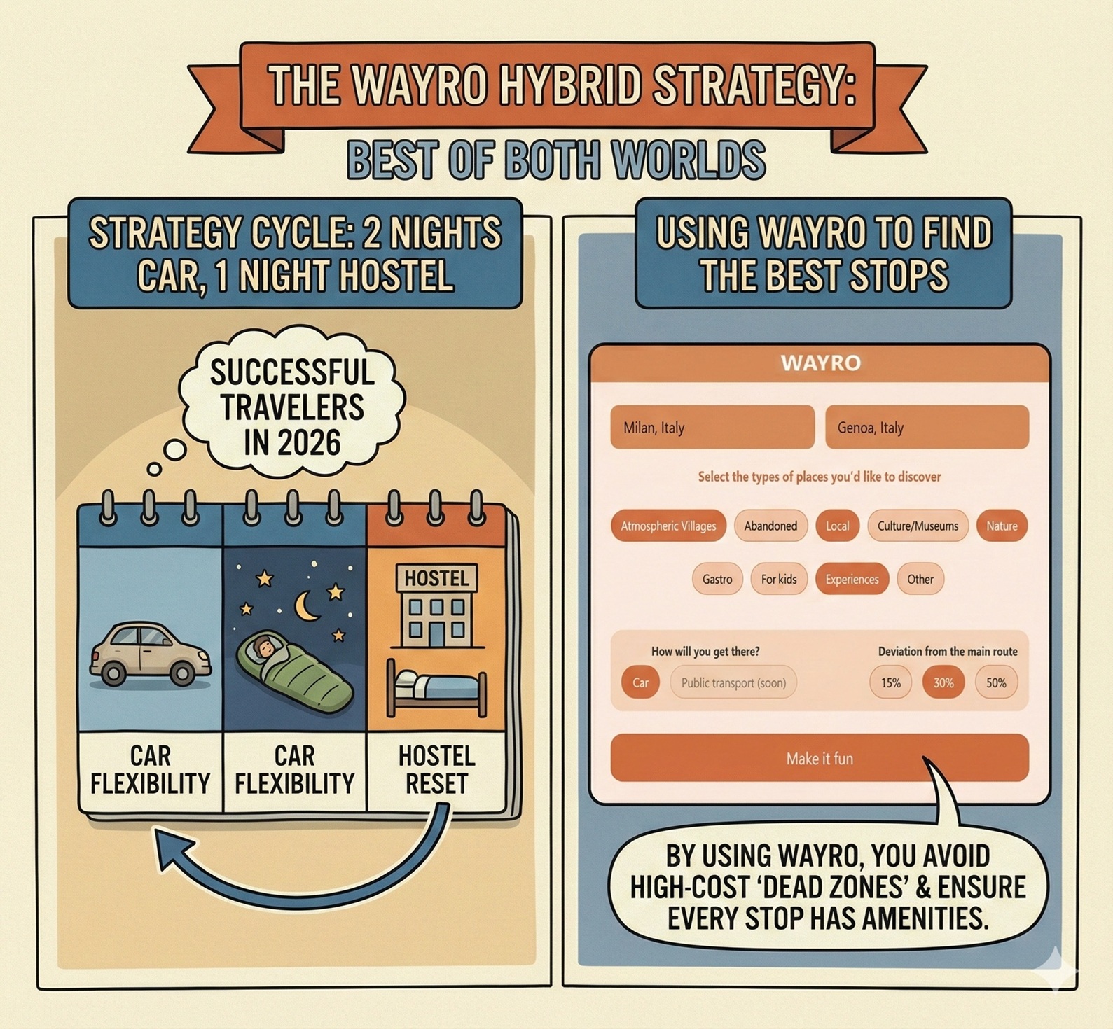 Infographic explaining the Wayro Hybrid Strategy for 2026 travelers, featuring a 3-day cycle of two nights car camping for flexibility and one night in a hostel for a reset, alongside the Wayro app interface showing route planning between Milan and Genoa to avoid high-cost dead zones.