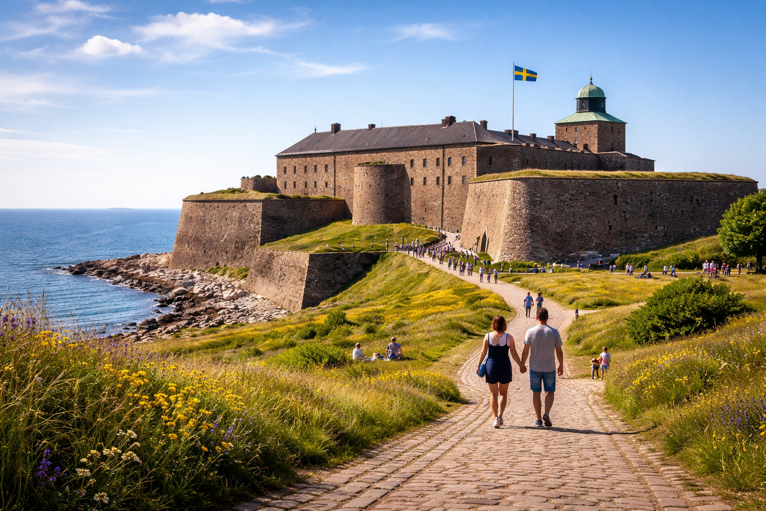 The massive stone ramparts of Varberg Fortress overlooking the Kattegat sea