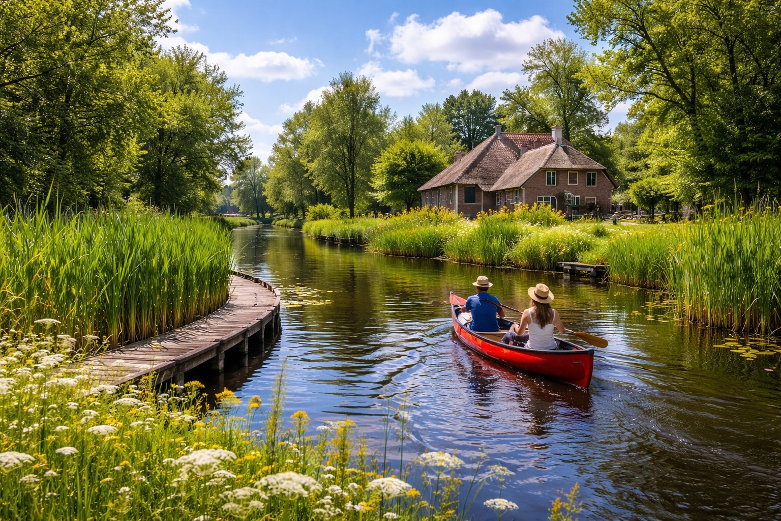 Scenic waterway in Weerribben-Wieden National Park Netherlands during a scenic drive through the northern Netherlands.