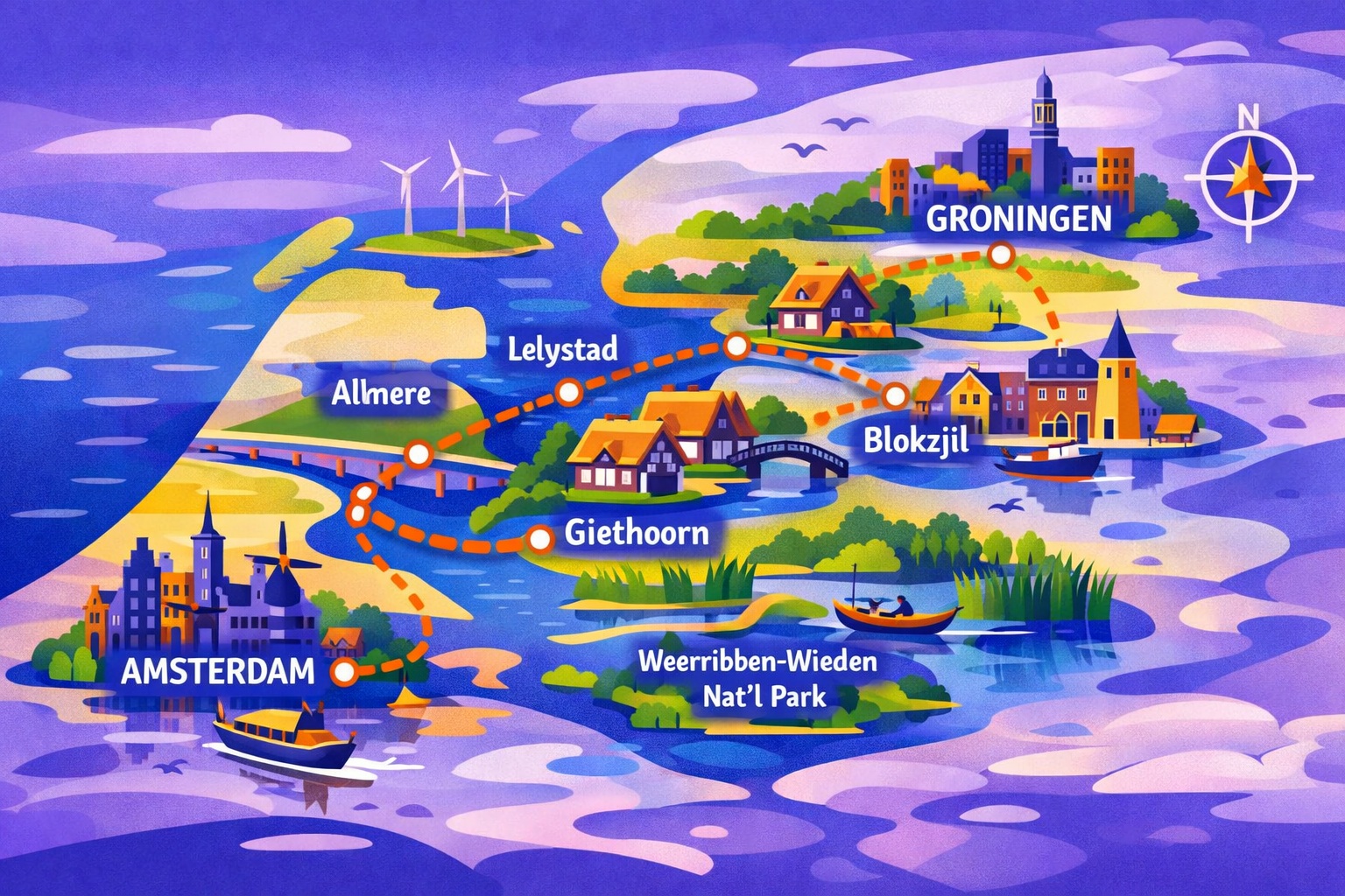 Map of the Amsterdam to Groningen road trip showing key stops: Amsterdam, Almere, Lelystad, Giethoorn, Weerribben-Wieden National Park, Blokzijl, and Groningen, highlighting scenic routes, canals, historic towns, and nature attractions along the journey.