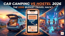 Car camping vs hostel 2026 comparison: cozy SUV interior under a starry sky contrasted with a modern hostel dorm, featuring the Wayro app interface for budget road trip planning.