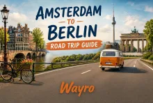 Amsterdam to Berlin road trip illustration with camper van, highway, and city landmarks