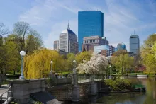 Boston Public Garden with a stone bridge, blooming trees, and the downtown skyline on a sunny spring day, highlighting a popular stop on a Washington, DC to Boston road trip.