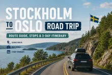 Stockholm to Oslo road trip through scenic Nordic landscapes, with a car driving along a lakeside road surrounded by forests and rocky hills