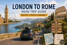 London to Rome road trip through the heart of Europe, with scenic highways, historic towns, mountain landscapes, and iconic Italian destinations