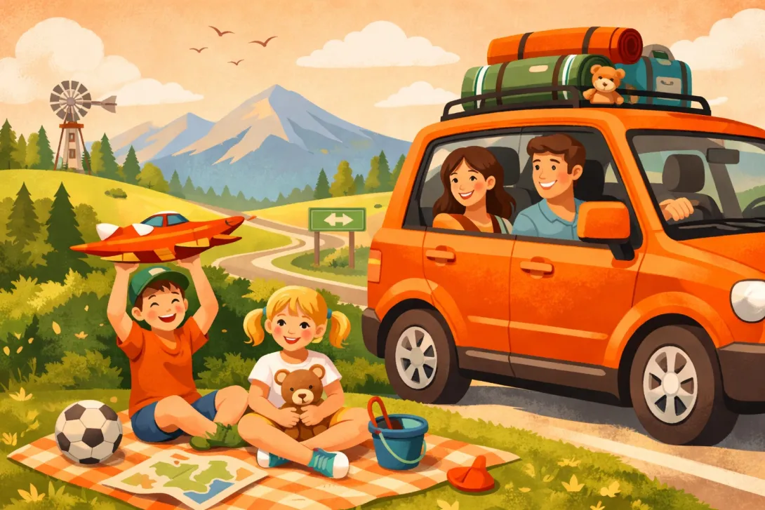 Happy children at a playground during a road trip with kids.