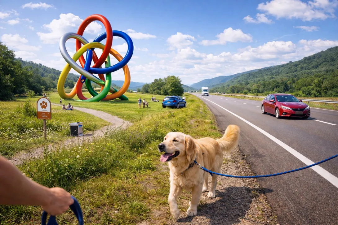 Scenic dog-friendly road trip destination 2026 with a golden retriever and outdoor art along the trip route with attractions