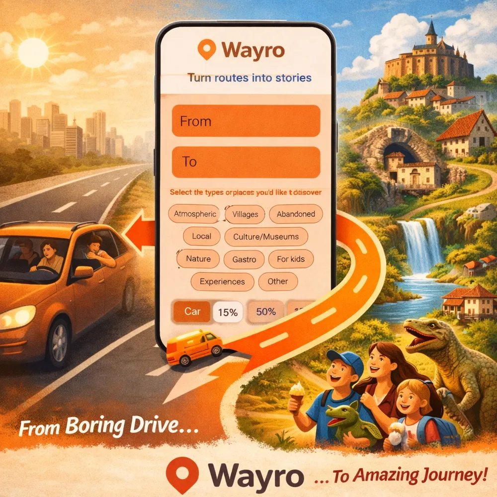Wayro travel planner: transforming a boring drive from A to B into a fun family adventure full of hidden gems and attractions.