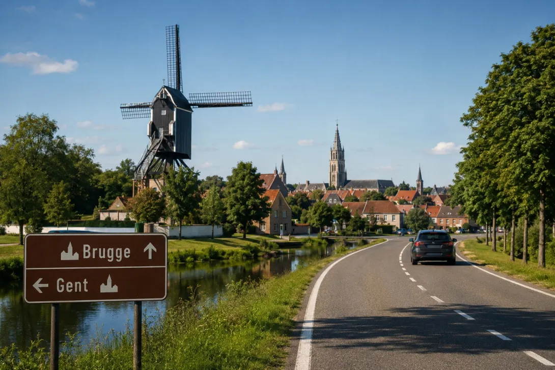 A scenic countryside road in Flanders, Belgium, showing a car driving along a quiet route between Ghent and Bruges. In the foreground, directional road signs point toward Brugge and Gent beside a canal. The landscape features a traditional windmill, historic village houses, green trees, and a distant church tower under a clear blue sky, illustrating a road trip route through rural Belgium.