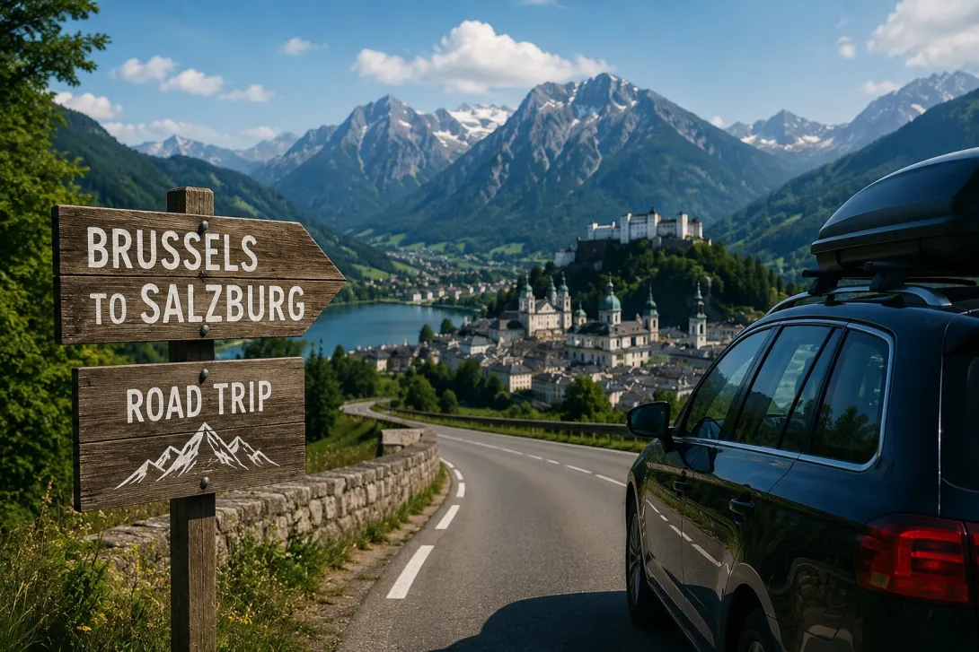 A scenic alpine road trip scene featuring a black SUV driving along a winding mountain road toward Salzburg. In the foreground, a rustic wooden sign reads “Brussels to Salzburg Road Trip.” The background shows a picturesque European town by a lake, surrounded by lush green hills and dramatic snow-capped mountains under a bright blue sky.
