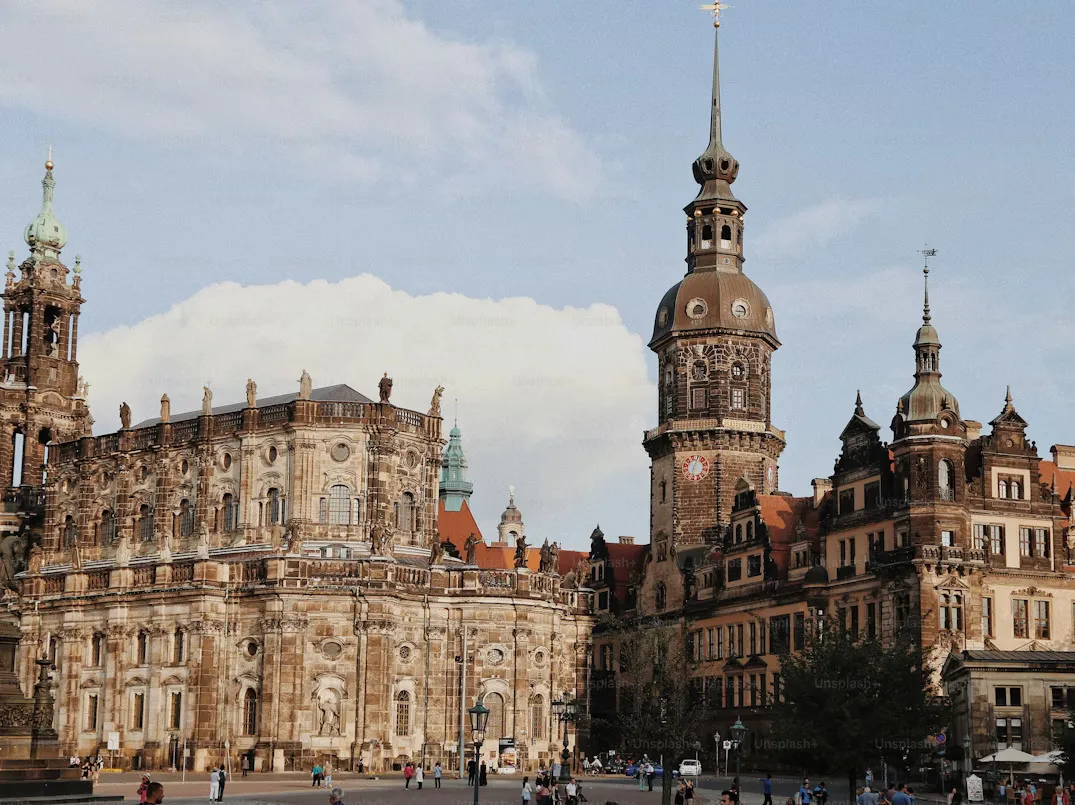 Panoramic view of Dresden with the Elbe River, historic baroque architecture, and the Frauenkirche church in Germany.