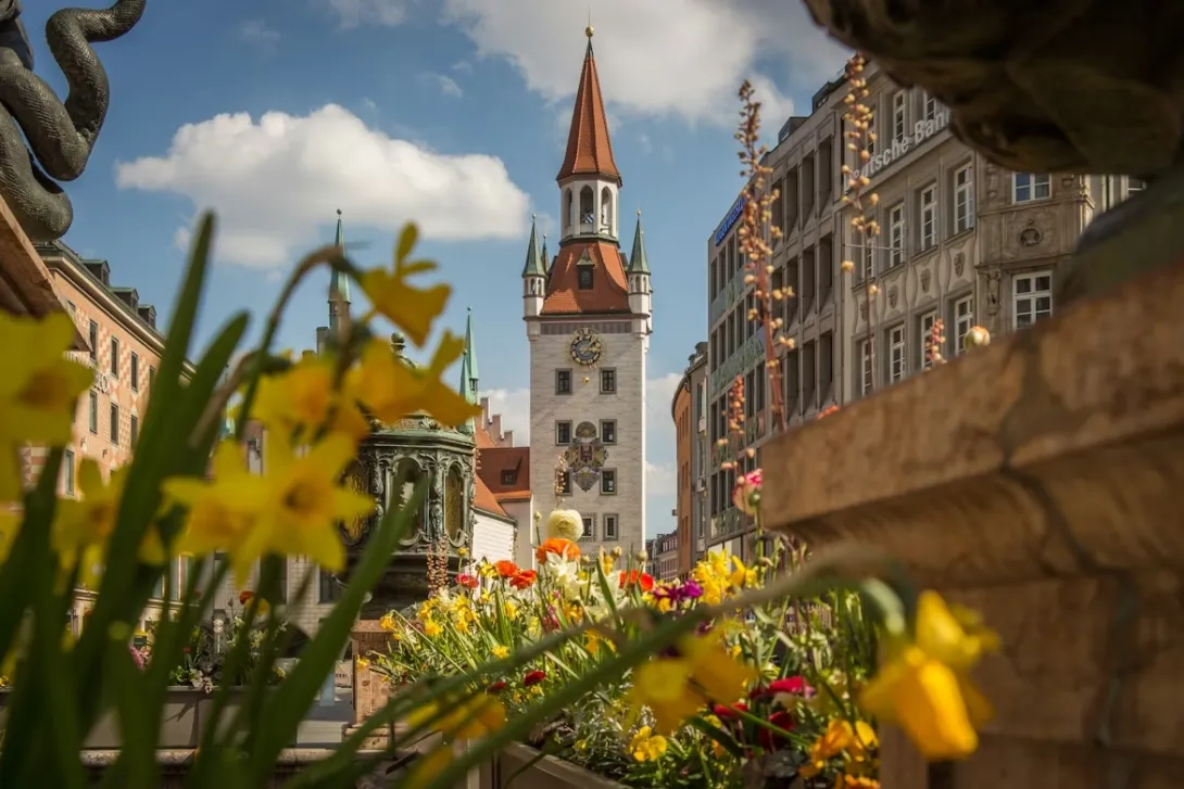Panoramic view of Munich with historic Marienplatz square, Gothic town hall, surrounding Bavarian architecture, and Alpine mountains visible in the distance under soft evening light in Germany.