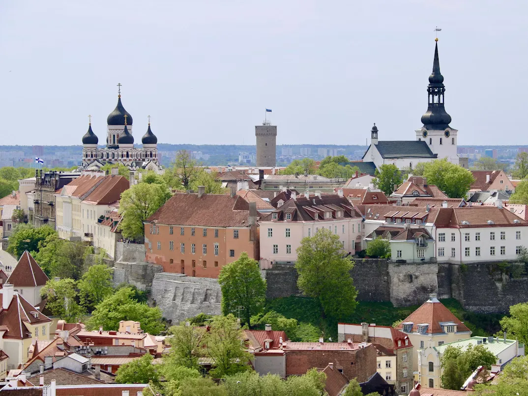 Panoramic view of Tallinn, Estonia featuring medieval rooftops, church spires, colorful old town buildings, and the Baltic Sea under soft evening light.