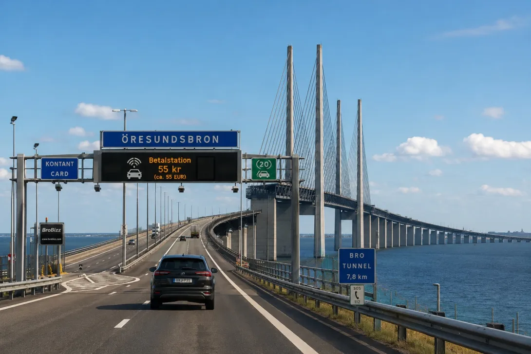 View of the Oresund Bridge connecting Sweden and Denmark, with a car driving along the highway across the cable-stayed bridge over the Oresund Strait