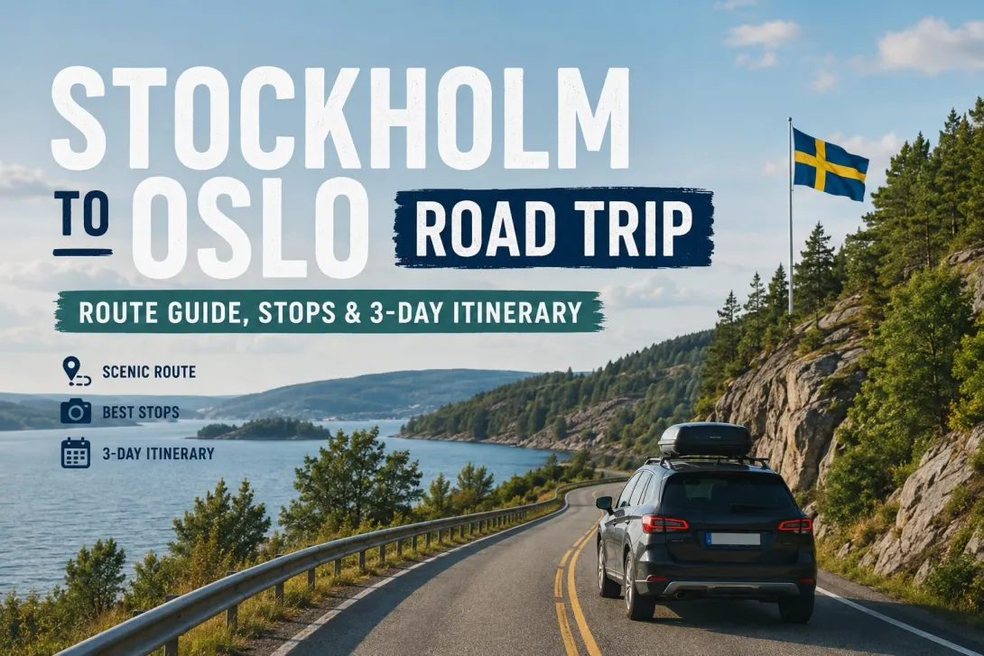 Stockholm to Oslo road trip through scenic Nordic landscapes, with a car driving along a lakeside road surrounded by forests and rocky hills