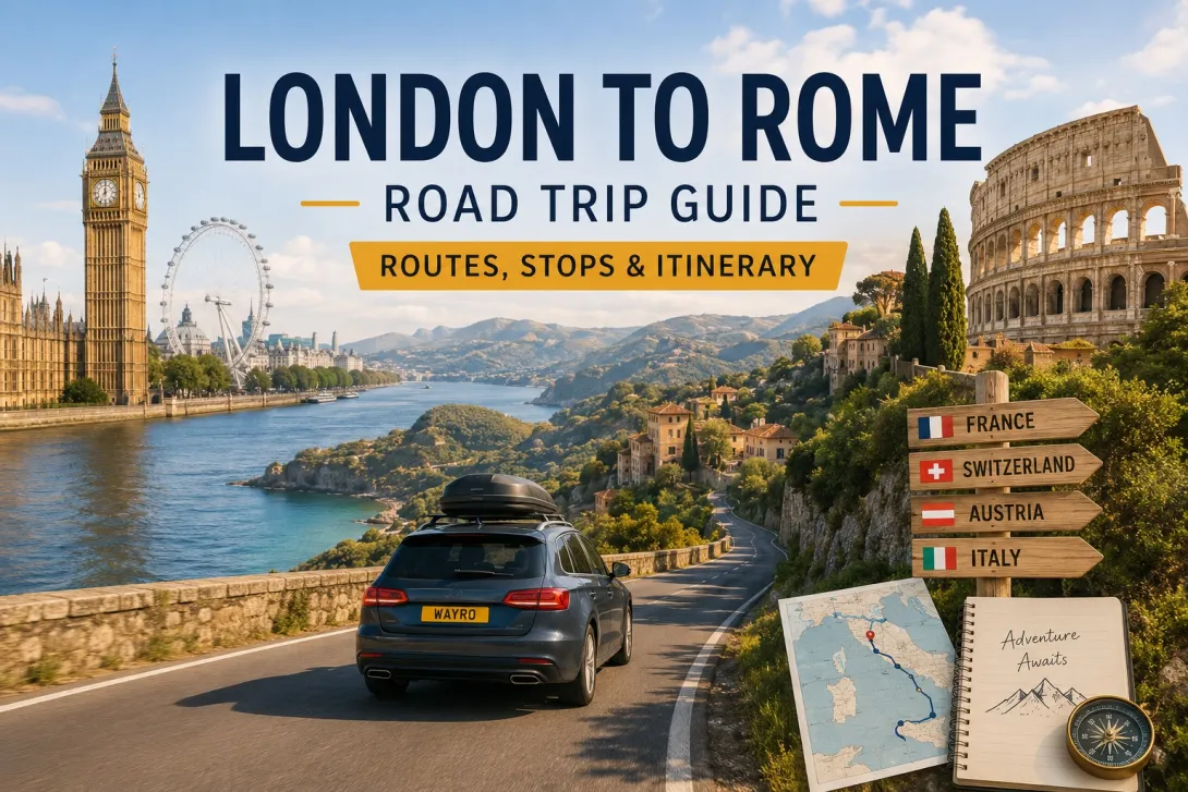 London to Rome road trip through the heart of Europe, with scenic highways, historic towns, mountain landscapes, and iconic Italian destinations