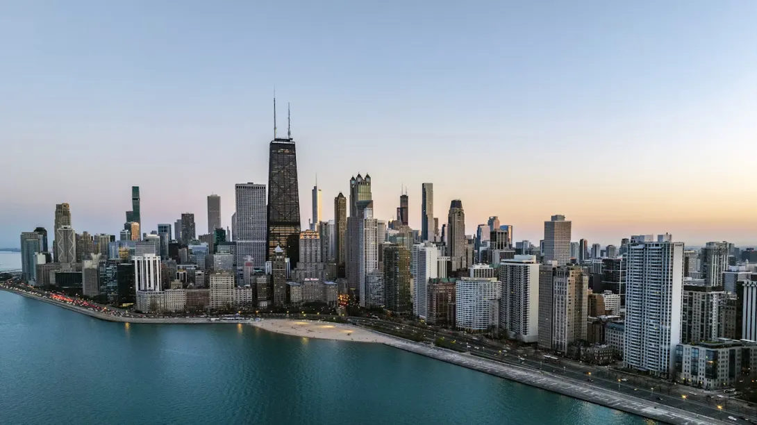 Chicago skyline with the Chicago River and downtown architecture on a clear day